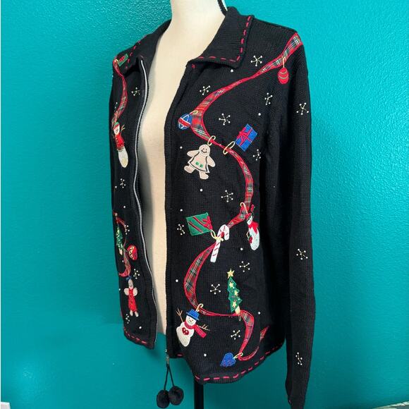 Erika Vintage Black Zip Christmas Gingerbread Snowman Knit Sweater Medium - Picture 12 of 13